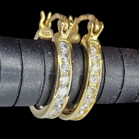 Hoop Earrings Gold Plated Sterling Silver Cubic Zirconia Pierced Round Almost 1